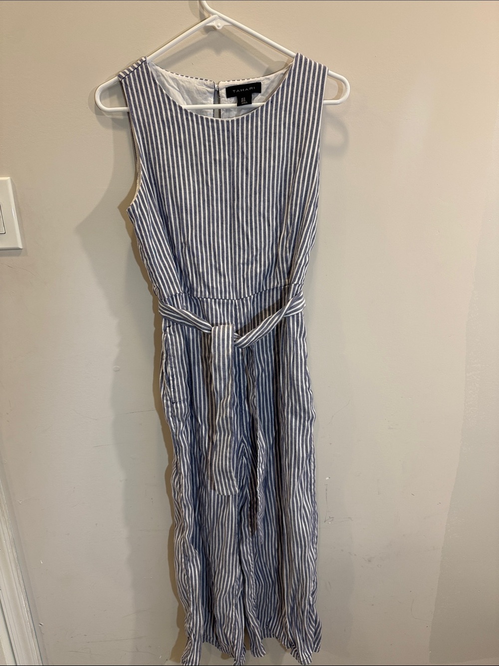 Tahari Blue and White Striped Belted Pant Jumpsuit Size US 4